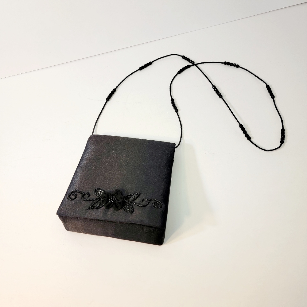 Jessica McClintock Small Pill Box Like, Black Satin Shoulder Bag With Beaded Str